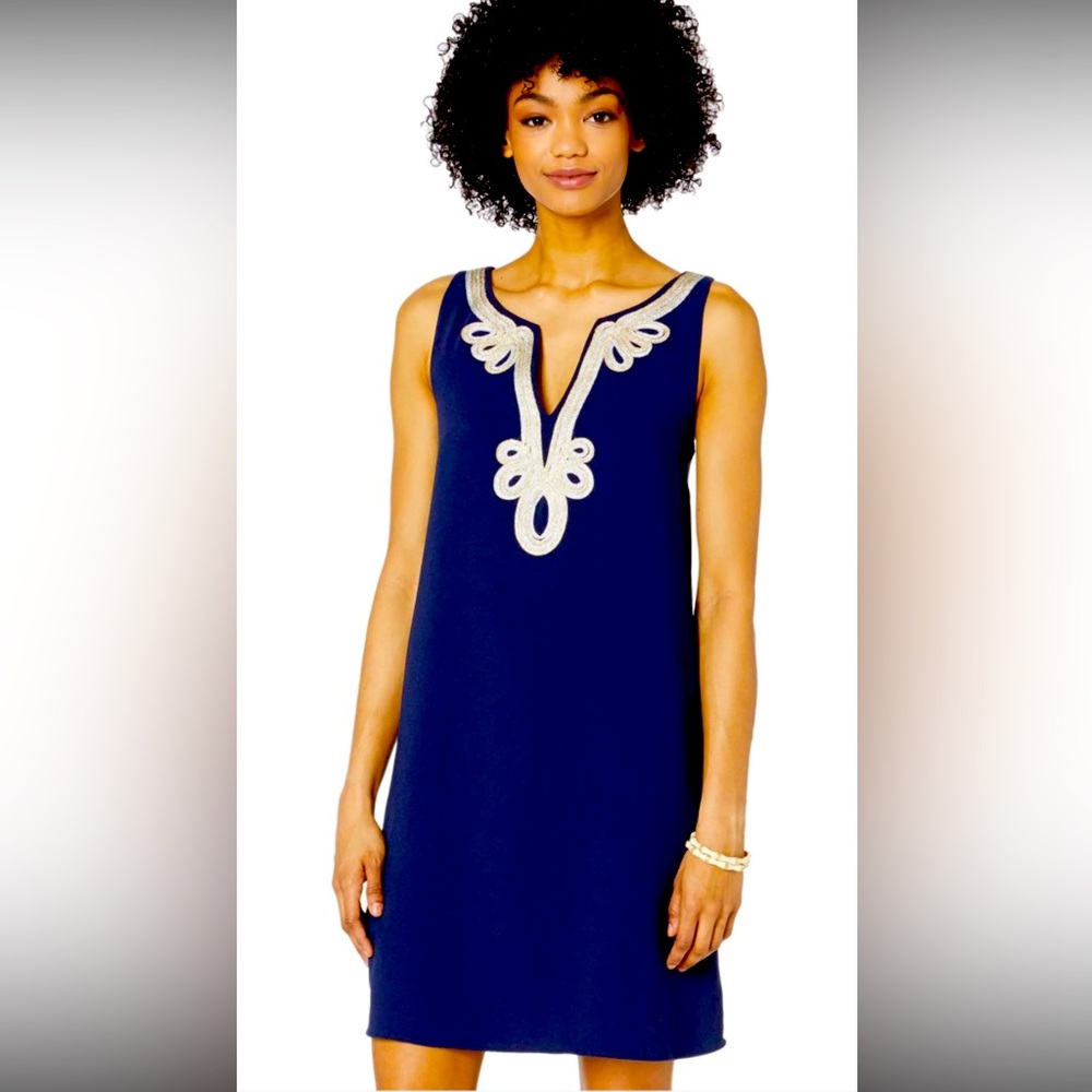 LILlY PULITZER Cherlyn soft shift dress Navy Blue with gold accent size 4